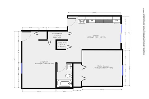 Floor plan for 1 bed, 1 bath, 629 sqft
